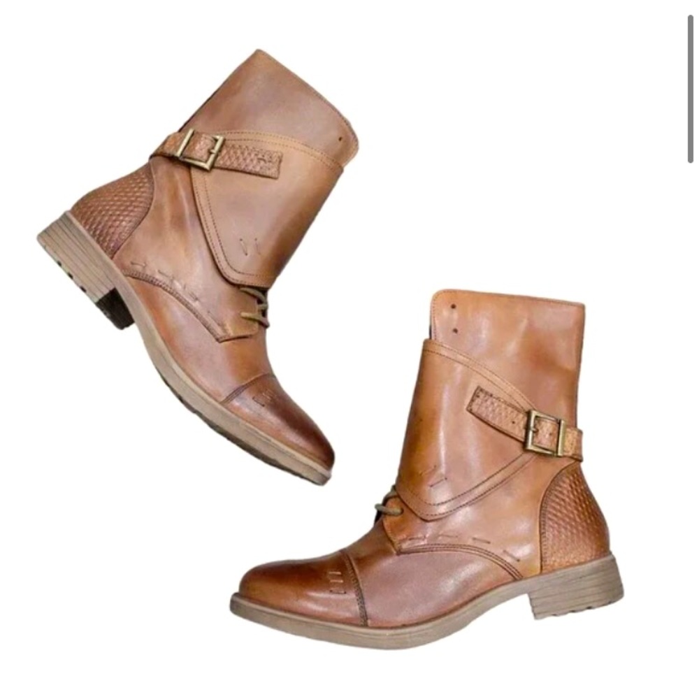 $139 ROAN by BED STU Deception Wrap Over Buckle Tan Leather Moto Combat Boot 7.5